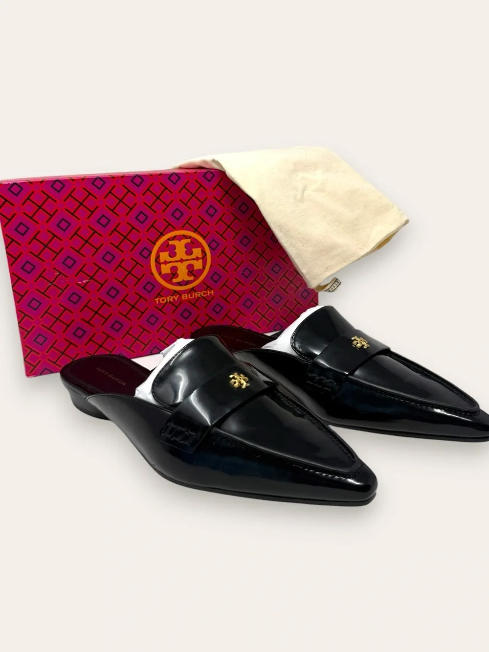 NWT Tory Burch Pointed Backless Loafers Perfect Black Patent Leather 7.5 Women’s